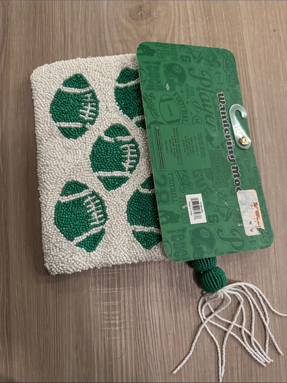 Indie Handmade Beaded White & Green Football Card Holder - Picture 4 of 9